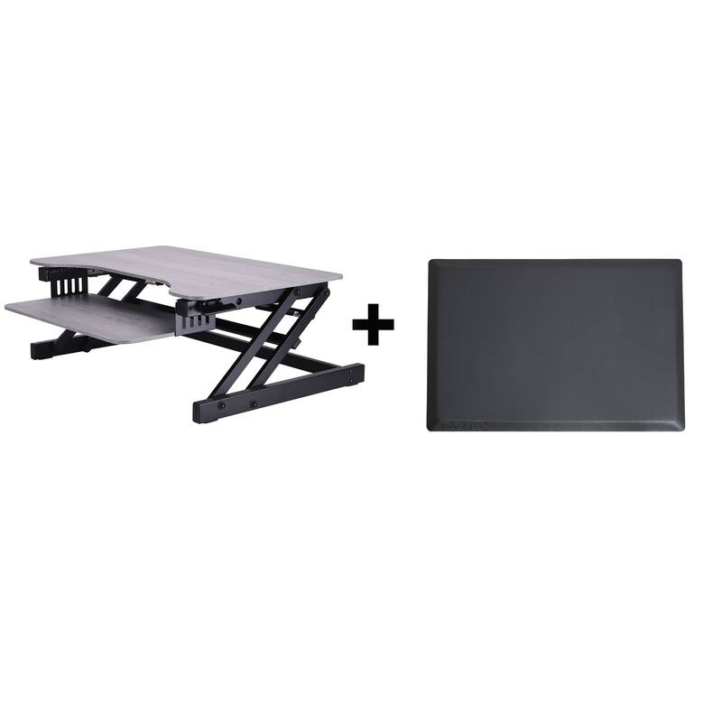 Rocelco 32 in. W Gray Height Adjustable Standing Desk Converter with Anti Fatigue Mat and Dual Monitor Riser System