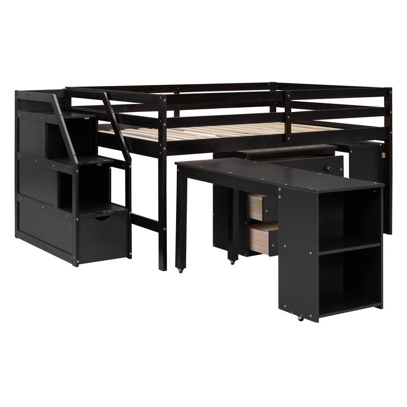 Full Size Loft Bed with Retractable Desk, Storage Stairs, Shelves, and 3 Drawers in Espresso Finish