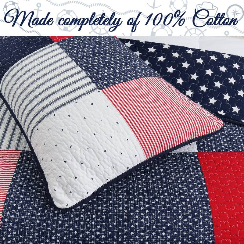 Cozy Line Patriotic Patchwork Plaid Red White Blue Reversible Cotton Quilt Bedding Set