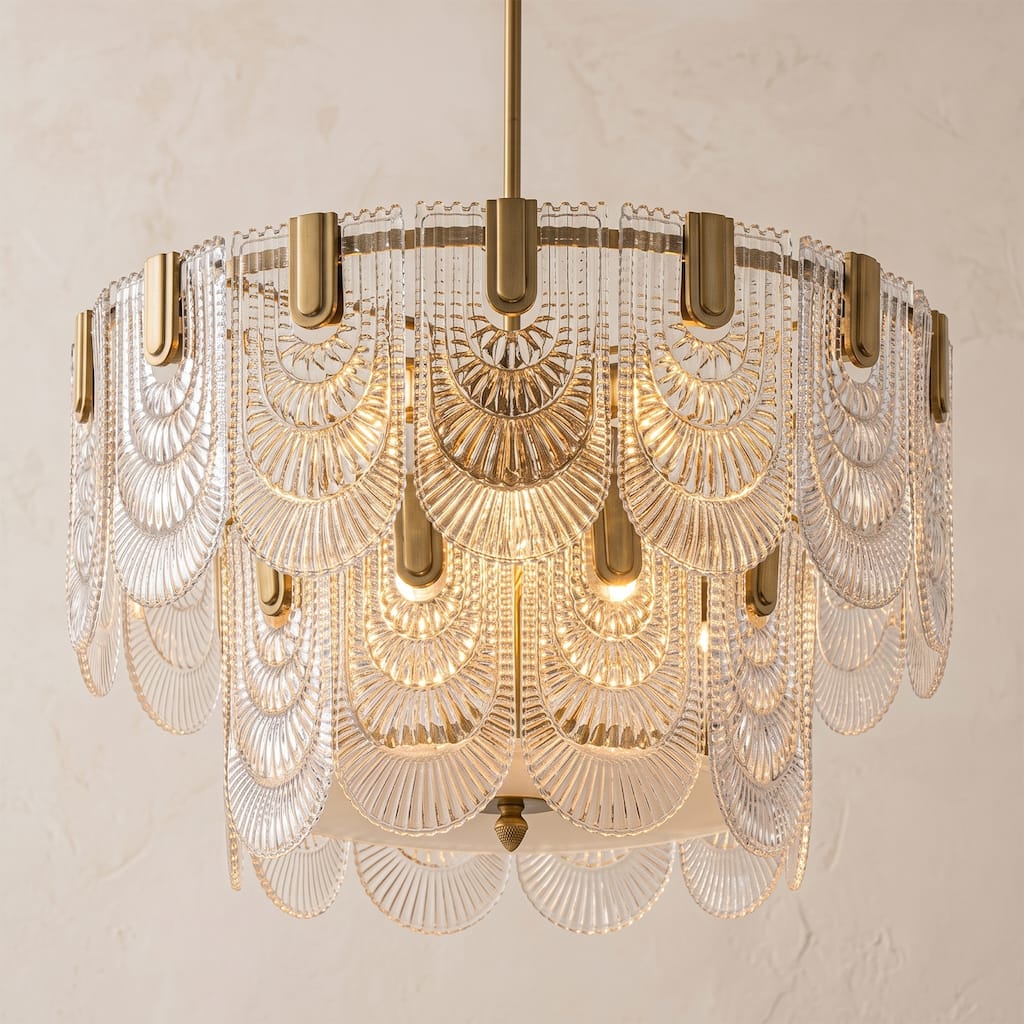 9-Light Modern Gold Drum Chandelier with Layered Textured Glass for Dining Room Living Room - 23.6 in. Dia x 14.6 in. H