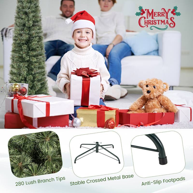 Gymax 6/7 FT Pre-Lit Artificial Christmas Tree Slime Pencil Christmas