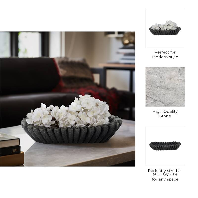 Decorative Wavy Marble Bowl with Ribbed Texture -Home Decor - 16", Tan