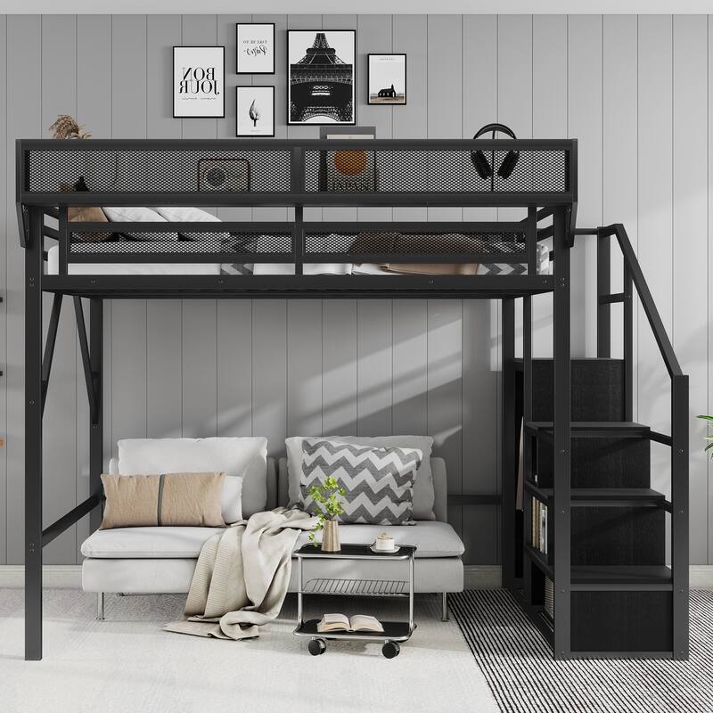 Metal Queen Size Loft Bed with Stairs,Wardrobe and Shelves