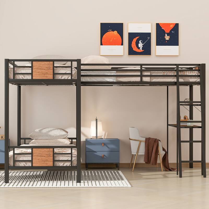 L-Shaped Twin over Twin Bunk Bed with Loft Bed, Desk, and Shelf, Brown