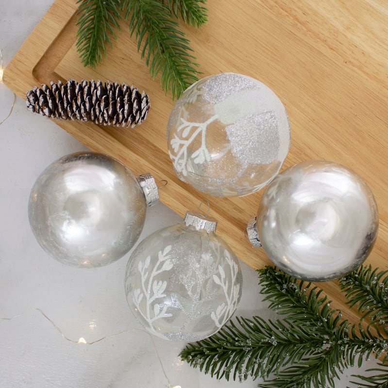 4ct Silver and Clear Glass 2-Finish Christmas Ball Ornaments 3.25-Inch (80mm) - 3.25"
