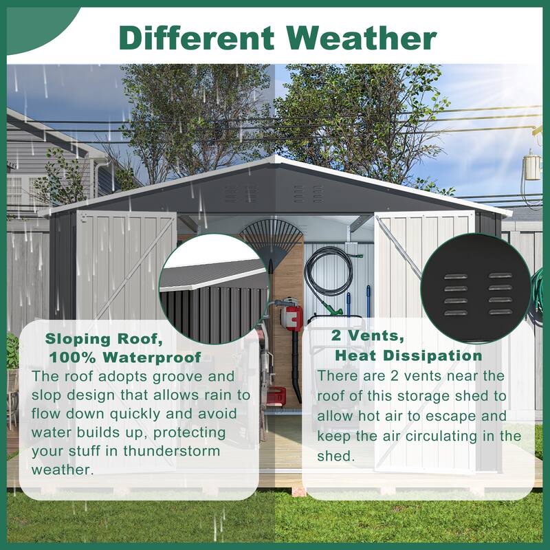 GDFStudio - Cassandra Large 10 x 10 FT Outdoor Metal Storage Shed with Lockable Doors