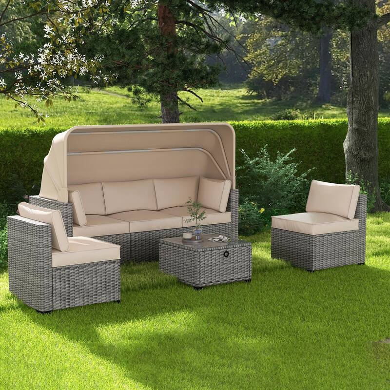 6 Piece Patio Sectional Sofa Set, PE Rattan Daybed with Retractable Canopy, Patio Lounge Set with Adjustable Backrests - Antique grey white