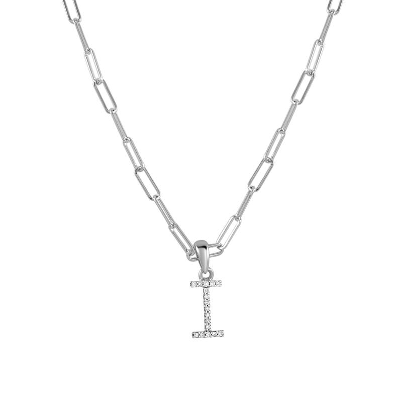 Joelle Collection Diamond Initial Letter Necklace Paperclip 14K Gold 16-inch Chain 1/10 TDW Necklace - I - White