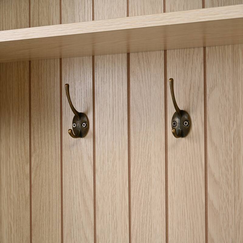 Farmhouse Hall Tree Bench with Arched Design, 8 Hooks & 3 Storage Drawers, 59" Wide Entryway Coat Rack