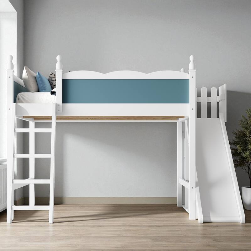 Full/Queen Loft Bed with Storage Shelves, Cabinet & Detachable Slide, Solid Wood Loft Bed with Ladders, No Box Spring