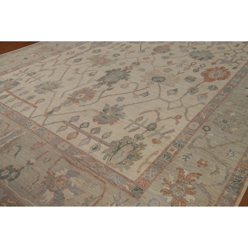 Hand Knotted Oriental 100% Wool Carpet Transitional All-Over Beige & Ivories Oushak Area Rug - 15' 0'' X 10' 3''