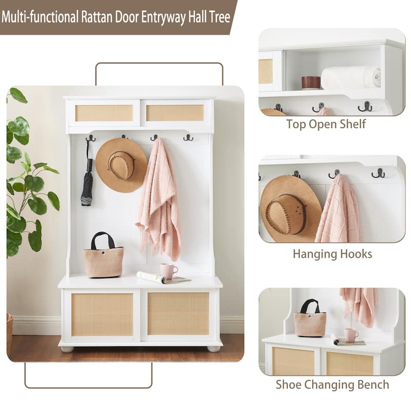 Hall Tree Storage Bench with Rattan Door, Shoe Bench with Adjustable Shelf