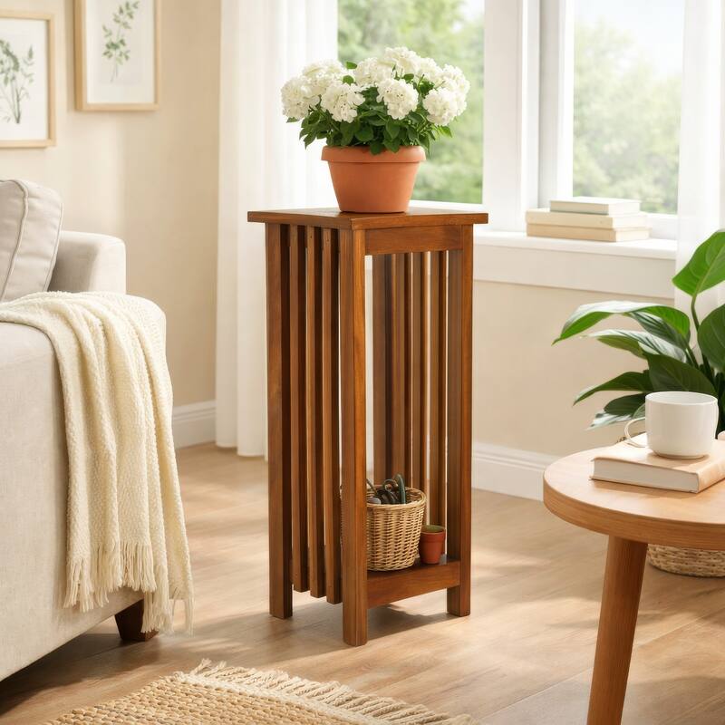 30 Inch Wooden Flower Stand with Bottom Shelf and Slatted Sides, Brown