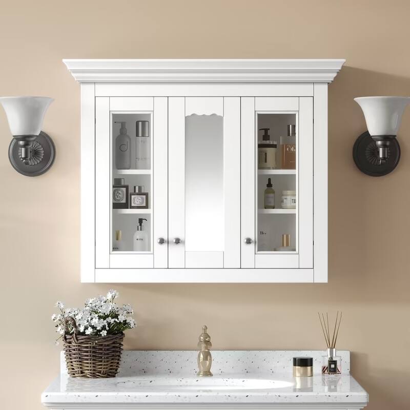 GDFStudio - Belfair Modern 2-in-1 Wall-Mounted Bathroom Medicine Cabinet with Mirror and 5 Closed & Adjustable Shelves - 35.03"W - White