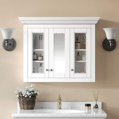 Roomfitters 35" Medicine Cabinet with Mirror, Wall Mounted Bathroom Cabinet with 5 Adjustable Shelves and Glass Doors, White