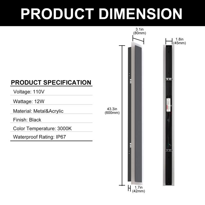 YANSUN Outdoor Wall Light, Long Rectangular Shape, 3000K Warm LED, Satin Black Finish for Modern Outdoor Décor - 3.1*1.7*43.3