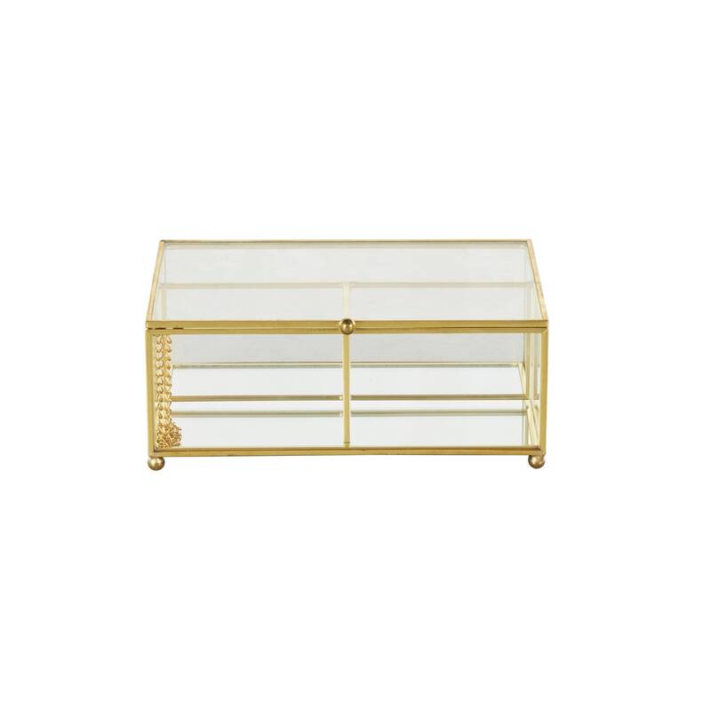 Glass 3 Slot Decorative Jewelry Box with Gold Metal Frame and Chain Accent - Clear - Roche River Decor