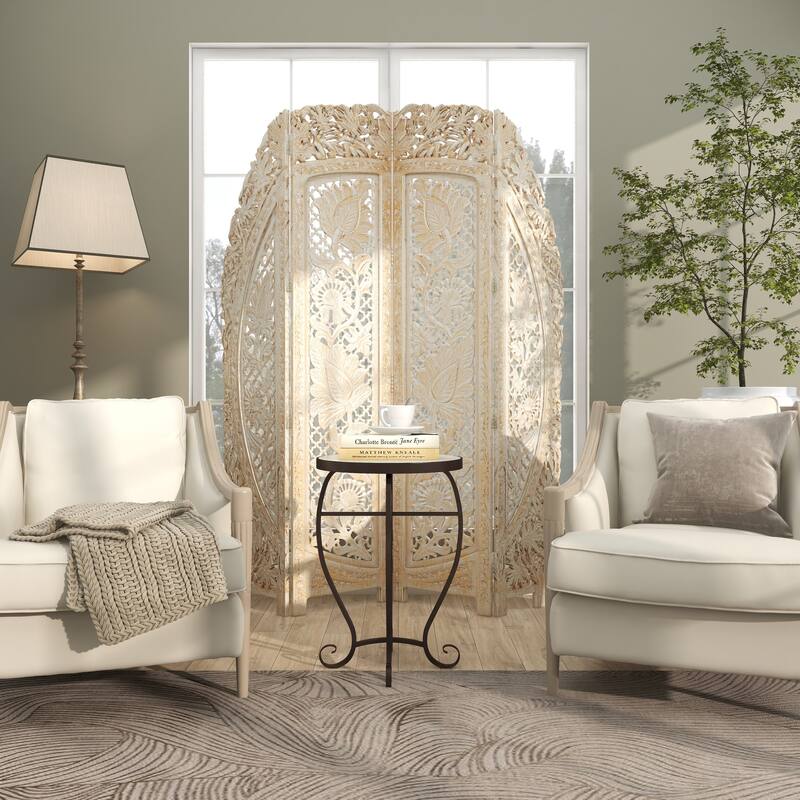 Wood Floral Handmade Foldable Arched 4 Panel Room Divider Screen with Intricately Carved Designs - White - Roche River Decor