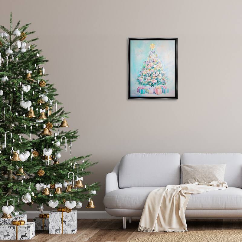 Stupell Pastel Christmas Tree on Blue Framed Floater Canvas Wall Art Design By Arlington Prints