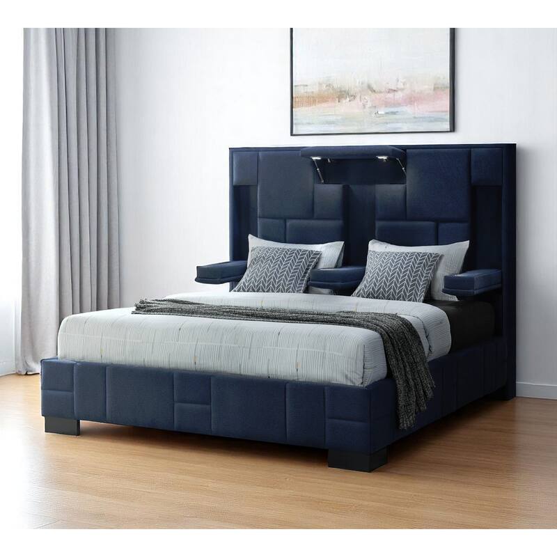 HomeRoots Navy Blue Tufted Upholstered Lighted King Bed Frame - King - Navy Blue