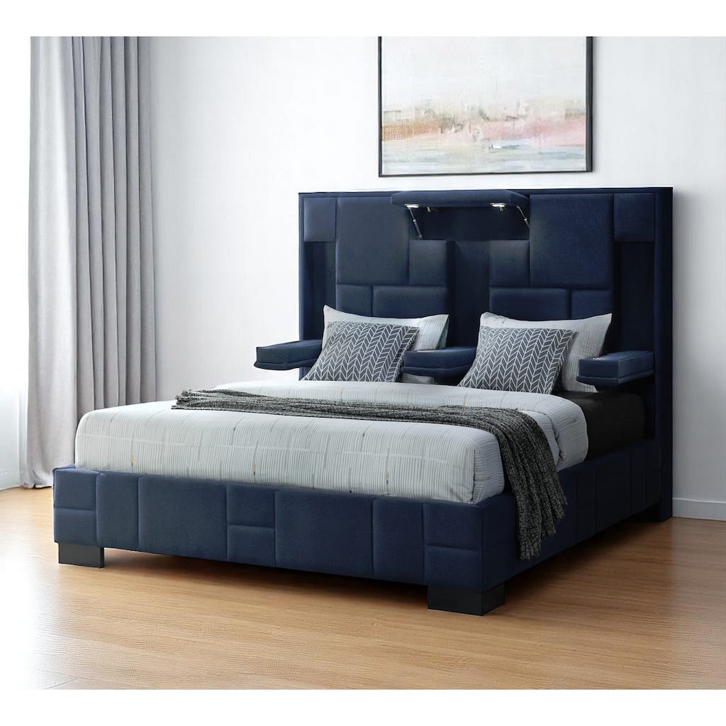 HomeRoots Navy Blue Tufted Upholstered Lighted King Bed Frame