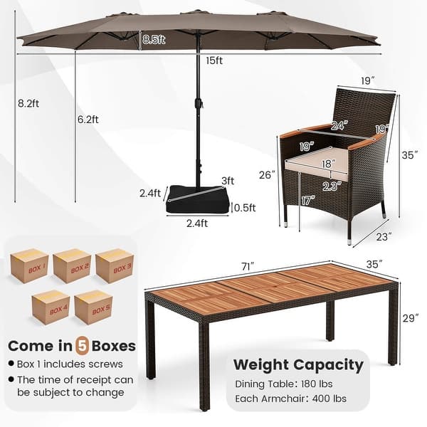 dimension image slide 0 of 5, Costway 11 PCS Patio Dining Set with 15ft Double-Sided Patio Umbrella