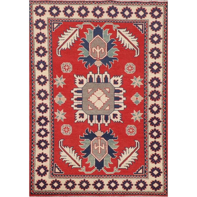 Geometric Red Kazak Oriental Accent Rug Hand-Knotted Wool Carpet - 3'5" x 4'11"