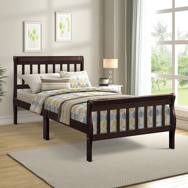 SYNGAR Twin Platform Bed Frame With Headboard And Footboard, Solid Wood Size Sleigh Slat Support High Bedroom Guest Room Oak Lj3518