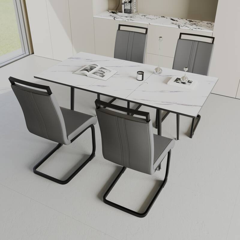 5-Piece Expandable Dining Table Set with C-shaped Tubular Cushioned Armless Chair, Scratch Resistant Plastic Feet - Grey+White