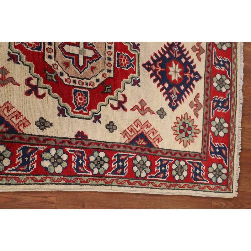 Beige Geometric Kazak Foyer Rug Hand-Knotted Wool Carpet - 2'9" x 4'1"