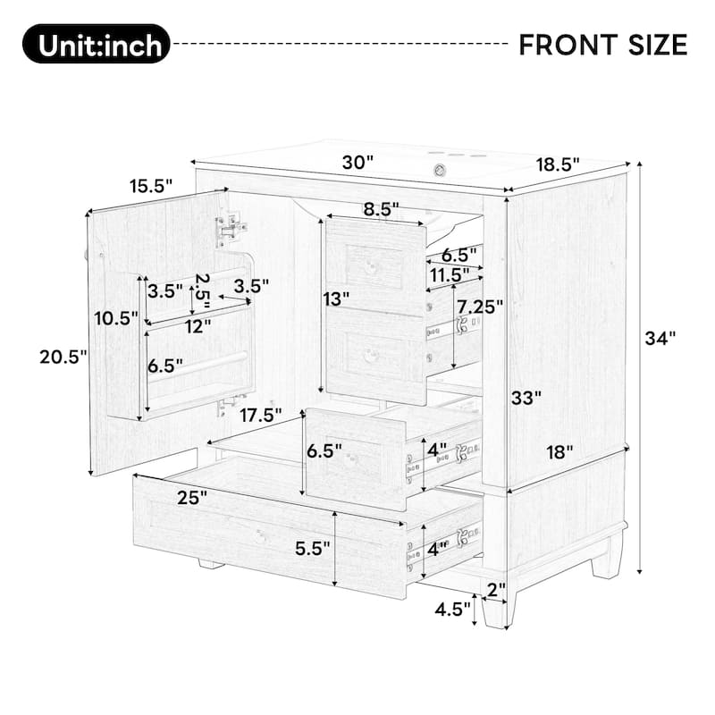 30" Bath Vanity with Sink - 3 Drawers, Door Shelf & Soft-Close Mechanism