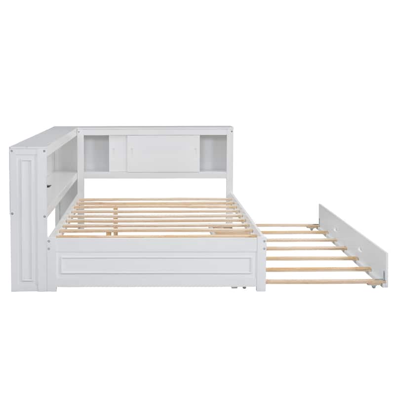 Full Size Platform Bed with Storage Shelves and Trundle, LED Light and Built-in USB & Power Outlet, Headboard with Sliding Doors
