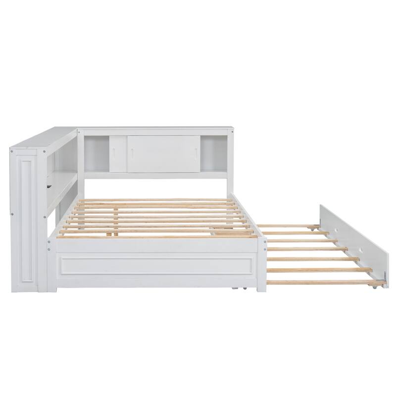 Wood Daybed with L-Shape Bookcase Built-in Light Strip and Charging Station, Full Size Captains Bed Optional Drawers or Trundle