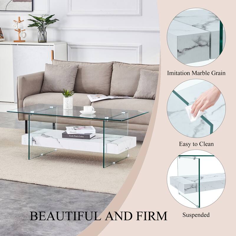 Roomfitters 43.3" Two-Tier Glass Coffee Table with Light Wood Shelf, Side Table or Display Stand