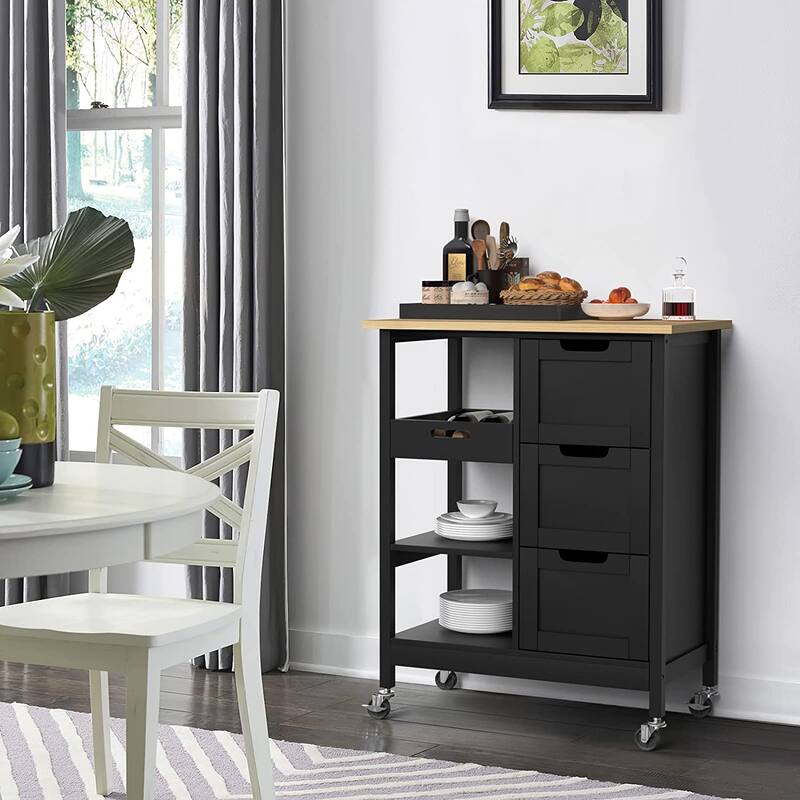 Kleio Solid Wood Top Kitchen Island Storage Cart with 3 Drawers Rolling Serving Trolley Cart