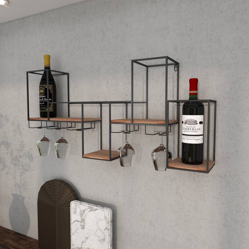 Black Metal 7 Bottle Geometric Wall Wine Rack with 5 Glass Holder Slots