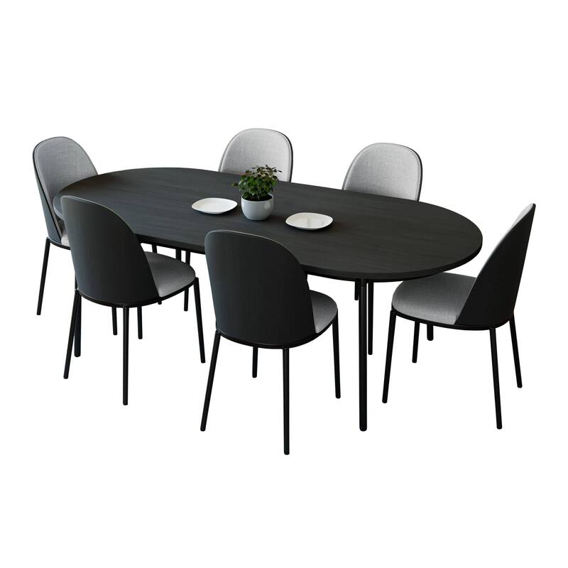 7-Piece Dining Set in Black Steel with 6 Chairs and Table Tule Collection by LeisureMod - Black/Platinum Blue