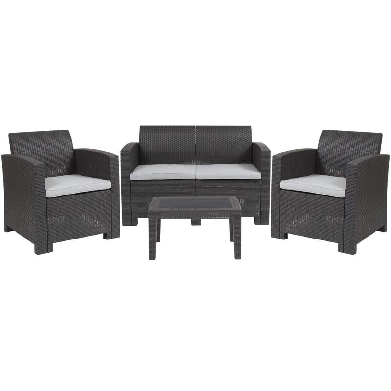 4 Piece Outdoor Faux Rattan Chair, Loveseat and Table Set - 27"D x 26.75" - 47"W x 30"H