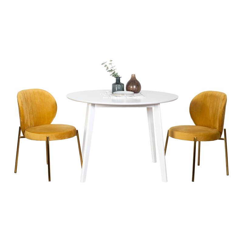 Modern Dining Set with Round Table & Velvet Tufted Chairs - 3-Piece Sets - White+Yellow