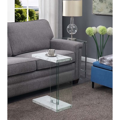 Modern C Shaped End Table with Tempered Glass Panels, Floating Shelf Design and Rich Melamine Finish for Living Room - 18.5