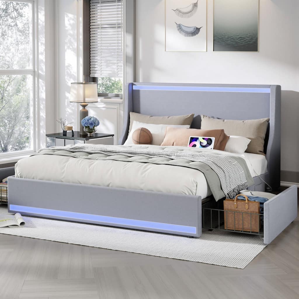 VECELO Upholstered LED Bed Frame with Wingback Headboard & 2 Storage Drawer Linen Fabric Full/Queen Size Storage Bed Frames