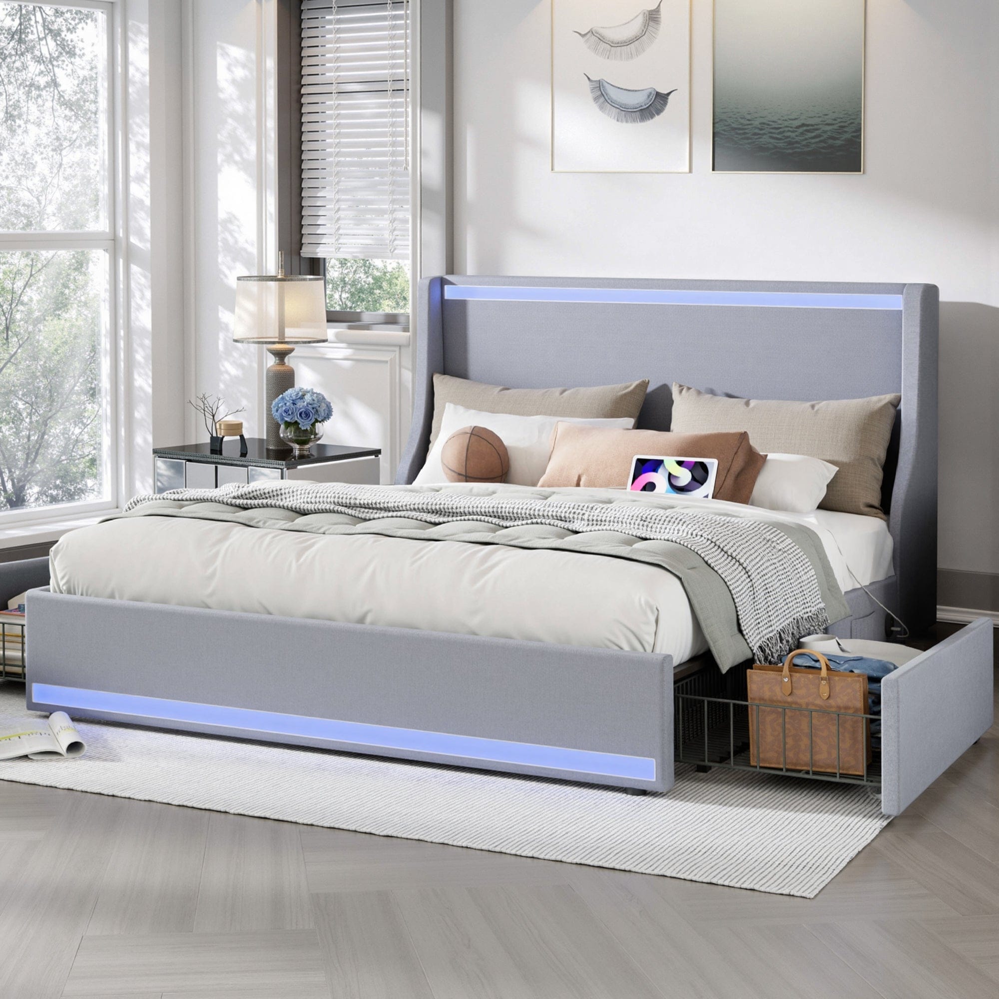 VECELO Modern LED Upholstered Platform Bed Frame with 2 Storage Drawers USB & Type-C Ports Full/Queen Size Bed