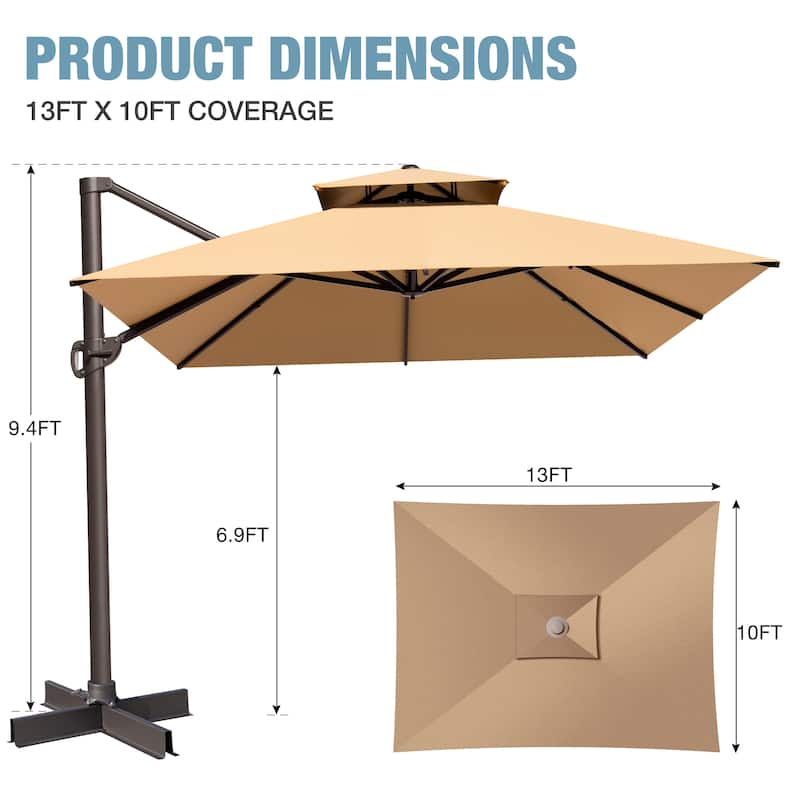 VredHom Outdoor Patio 10 x 13 FT Cantilever Umbrella Double Top