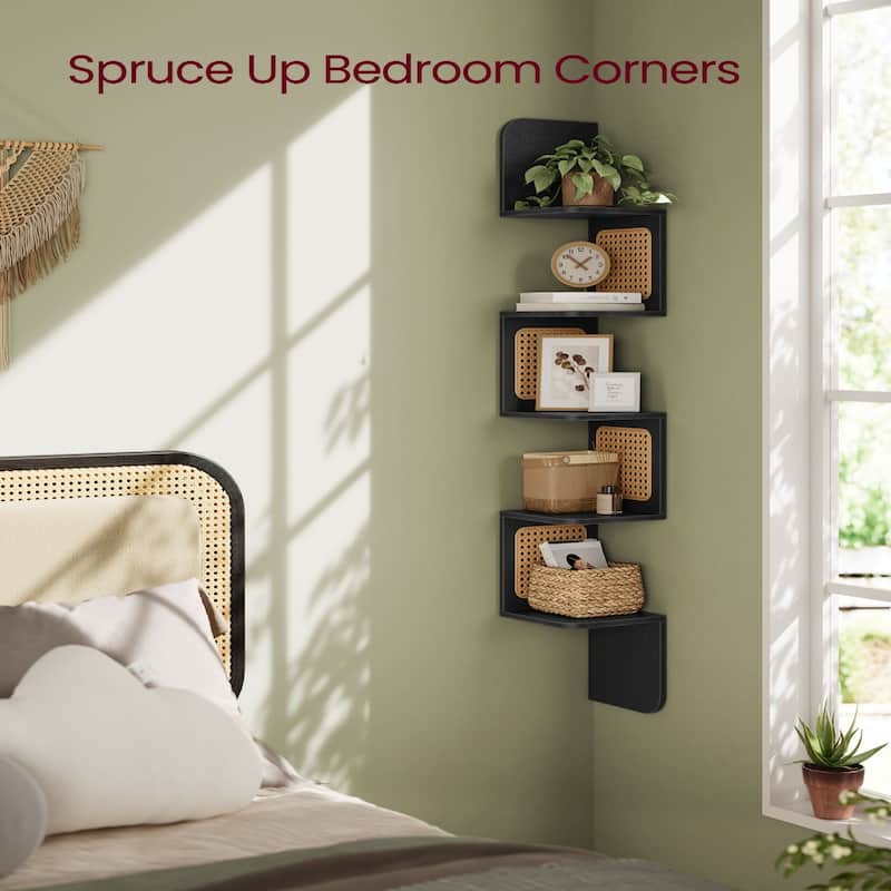 5-Tier Space-Saving Modern Zigzag Corner Shelf Wall-Mounted Display for Bedroom or Living Room - 7.9"D x 7.9"W x 49.6"H