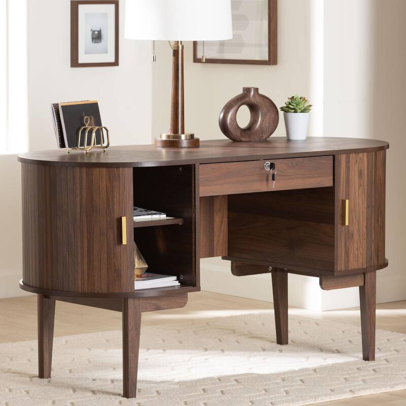 Hayes Wood Writing Desk - Mid-Century Modern Oval Desk with Locking Drawer and Sliding Tambour Doors for Office or Home