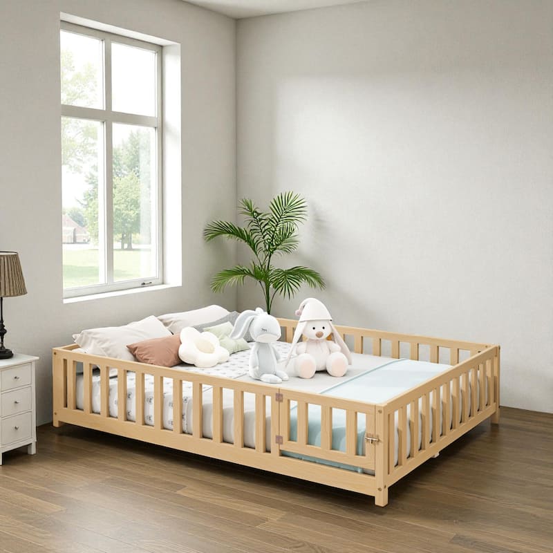 Full Size Montessori Floor Bed with Fence and Door, Solid Wood Platform Bed with Slats for Kids and Toddlers - Natural - Full