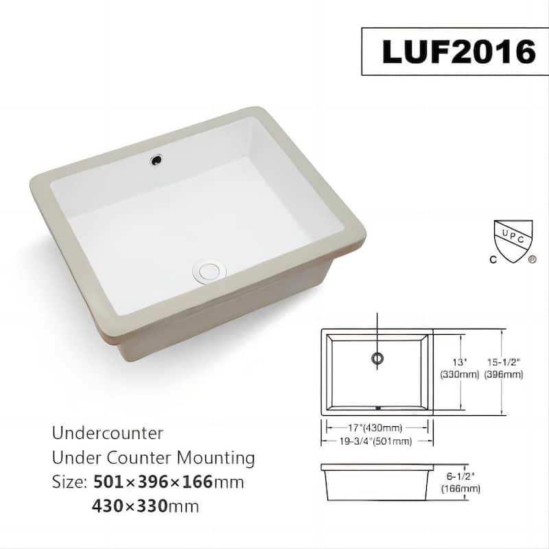 Dornberg 20"x15.5" White Ceramic Rectangular Undermount Bathroom Sink with Overflow