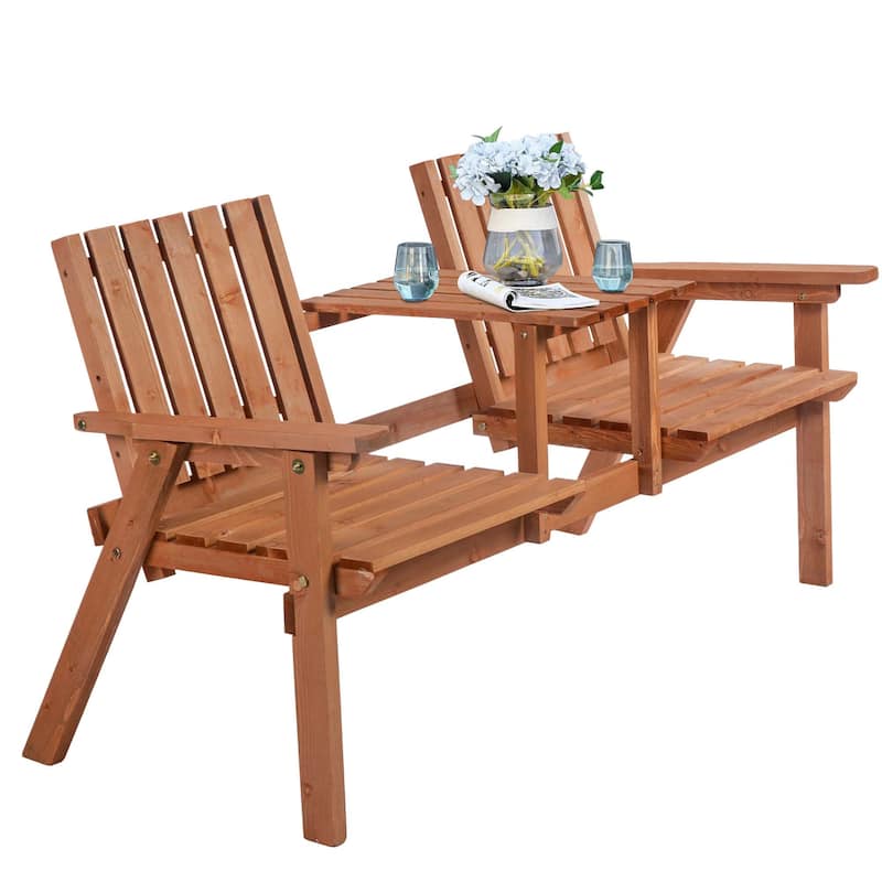 Patio Bench, Garden Bench With Middle Table And Umbrella Hole, Wooden Outdoor Bench For Patio, Porch, Poolside, Balcony
