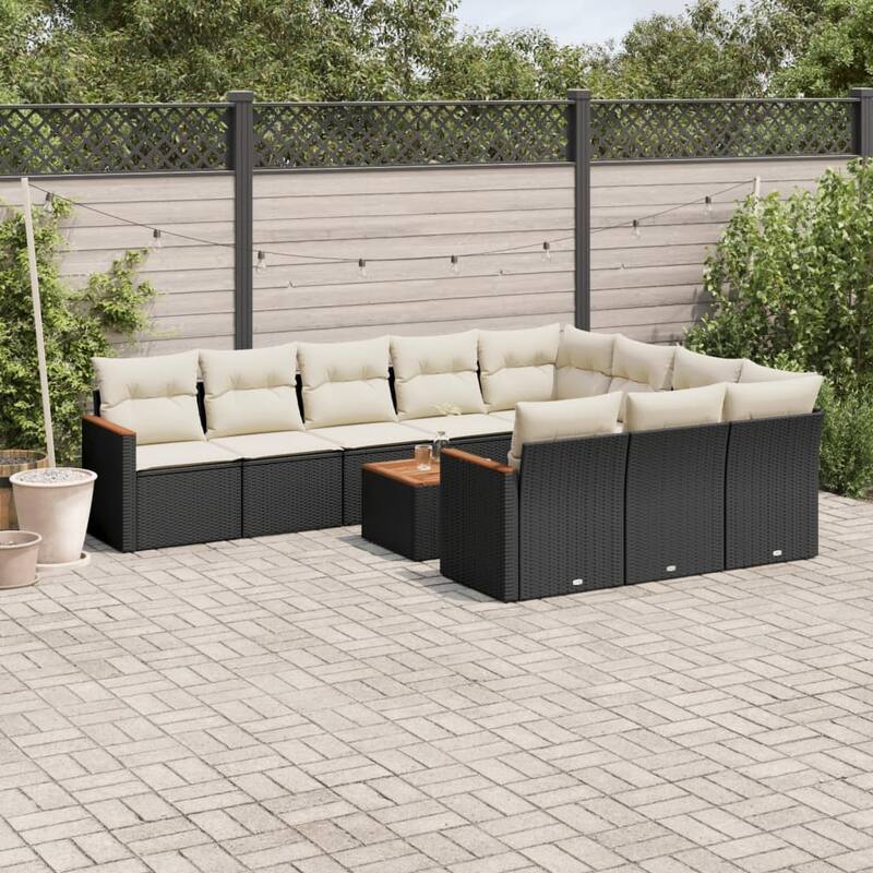 vidaXL Patio Sofa Set with Cushions Outdoor Conversation Furniture Poly Rattan - Black and cream with table - 24.4 x 24.4 x 27.2 in