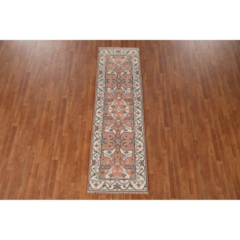 Floral Peach Oushak Style Runner Rug Hand-knotted Wool Carpet - 2'7"x 8'2"